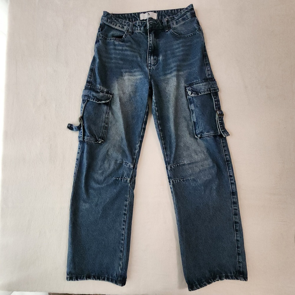 Flying Angel Cargo Jeans Womens 28 x 29 Blue Straight Leg Acid Wash Utility Pant